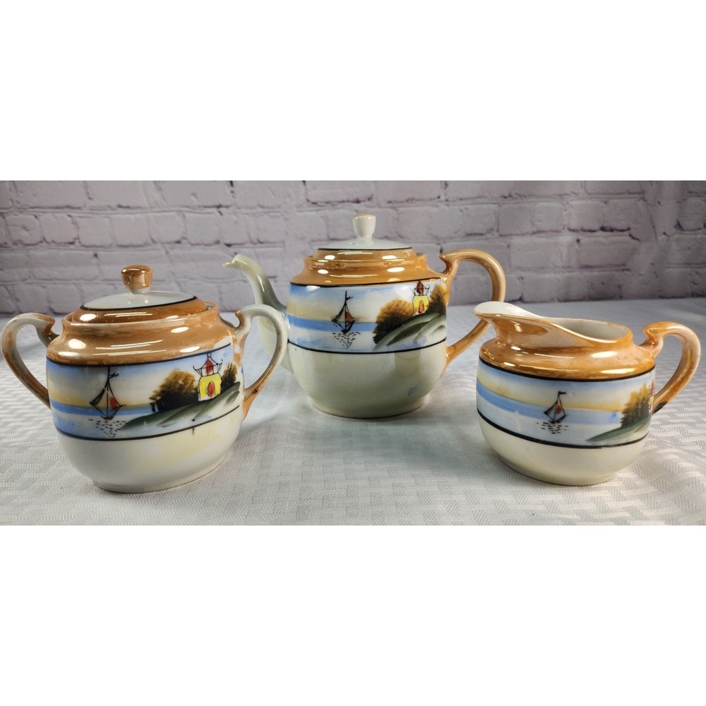 Vtg Hand Painted Pagoda Boat Lake Teapot Set Cream & Sugar Japan Luster 1915